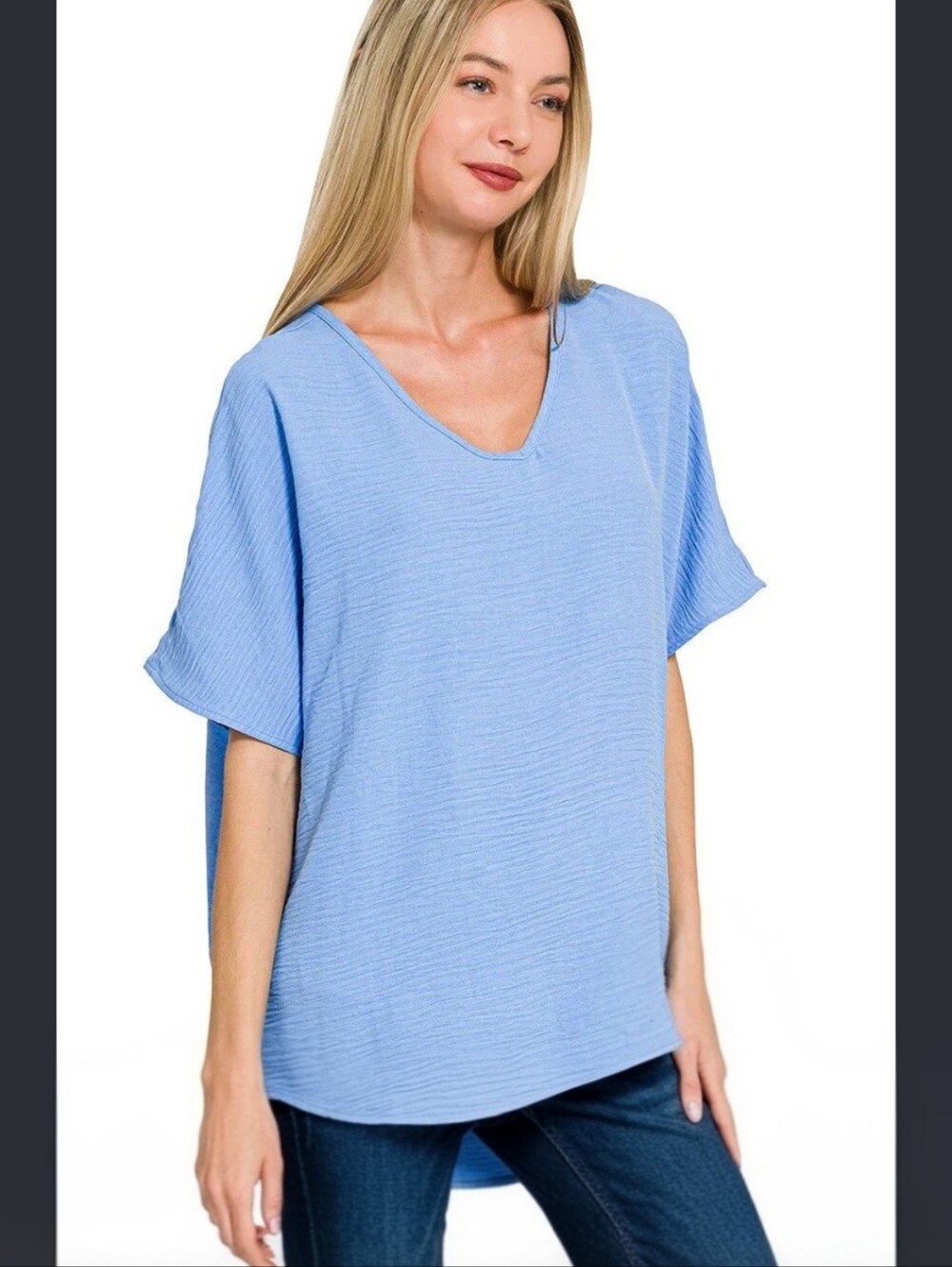 Zenana Blue Crinkle Textured Top Plus Size 3X Layering Short Sleeve